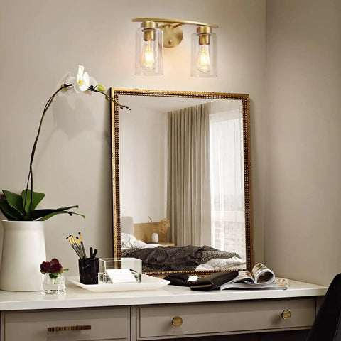 Two Light Brass Gold Bathroom Vanity Lights Over Mirror with Glass Shades Modern Curved Wall Sconce Fixtures for Home Bath