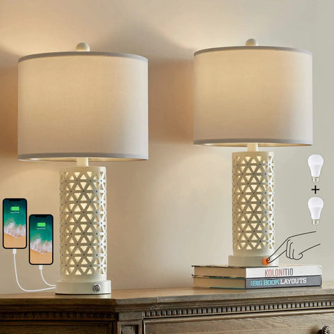 3-Way Dimmable Touch Control Dope Rustic Table Lamp Set Of 2 Vintage Farmhouse 21.25 Inch Tall Bedside Lamps With White Shade And USB Charging 2 Bulbs Included Perfect For Living Room Bedroom Nightstand Home Office