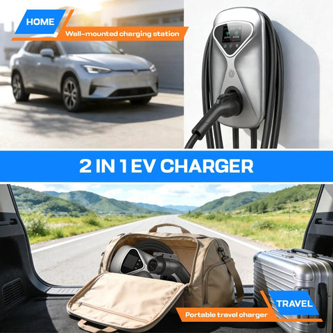 Level 2 EV Charger 50 Amp Hardwired With 48 Miles Per Hour Wicked Fast Charging, WiFi App Control, mounted at home and portable