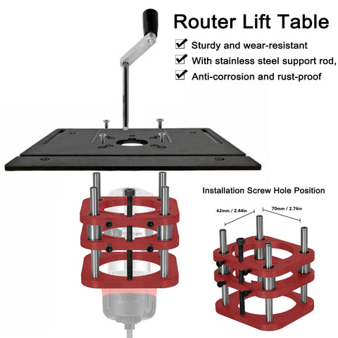 Rock Solid 4 Jaw Clamping Router Table Lifting System With Manual Lift, Fits Router Motors 64-66mm, 51mm Stroke, Universal Base For Small Trimming Machines And Woodworking Tables, red aluminum base with hand crank