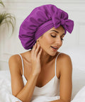 Silky Satin Sleep Bonnet With Adjustable Straps For Women Ultra Comfortable And Skin Friendly in Rich Purple on model