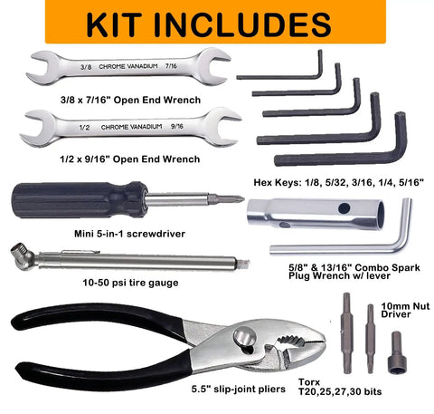 Harley Davidson Motorcycle Repair Tool Kit For On The Road Maintenance And Basic Repairs with wrenches, pliers, and hex keys.