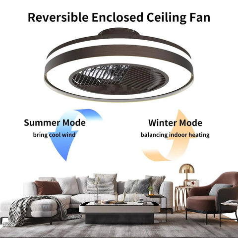 Smart Ceiling Fan With Lights Remote Control Dimmable LED Lighting 20 Inch Enclosed Bladeless Fan Semi Flush Mount shown in living room