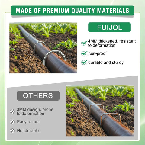 Heavy Duty 12 Inch 8 Gauge Galvanized Landscape Staples holding irrigation tubing in soil, U Shaped ground cover stakes focus