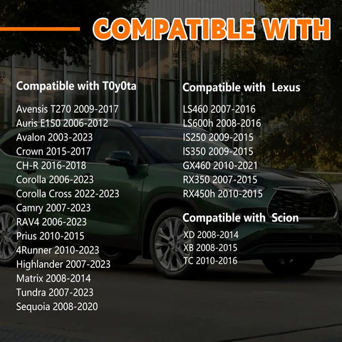 Image of compatibility chart with Toyota and Lexus models compatible with Front Windshield Washer Nozzle Kit, showing part compatibility.