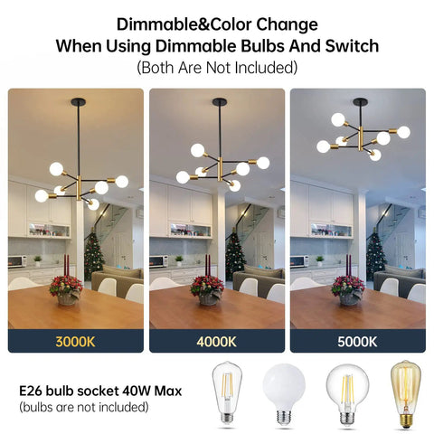 Dope Black And Gold 6 Light Sputnik Chandelier For Dining Room Living Room Kitchen Island And Bedroom Modern Mid Century Ceiling Fixture With Rust Resistant Electroplating And Durable Build shown with different lighting options.