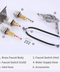 Components of 3-Hole 8 Inch Widespread Brushed Nickel Bathroom Faucet With Waterfall Spout, including hoses and hardware.