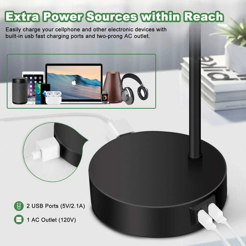 Base of 3 Way Dimmable Touch Desk Lamp With 2 USB Ports And AC Outlet, showing charging ports for electronics.