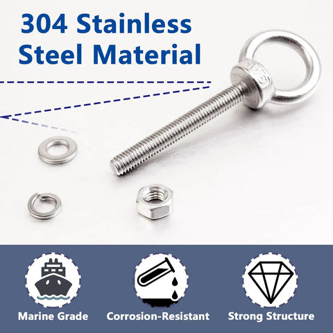 Stainless Steel M6 50mm Eyebolts With Nuts And Washers Pack Of 4 For DIY Projects, Furniture, Swing Sets, And Outdoor Installations, Marine Grade Corrosion Resistant Shoulder Eye Bolts Built To Last With Easy Mounting. 304 stainless steel eyebolt with nut and washer