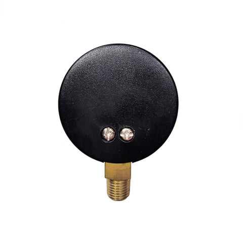 Bottom Mount Spray Tank Pressure Gauge One Hundred Psi One Quarter Inch Mipt Thread Two Inch Face Dial from the front with a black circular dial.