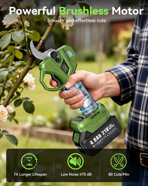 Cordless 2-In-1 Electric Pruning Shears With Extension Pole No Ladder Needed Reach From Handheld To 15 Ft 21V Battery Powered Brushless Cutter 1.4 Inch Cutting Diameter Ideal For Tree Trimming And Home Gardening in use, showing close-up of handheld cutting action on a branch.
