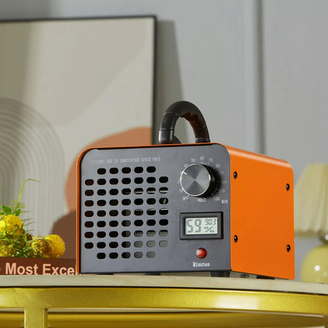 Heavy Duty Commercial Ozone Generator With Adjustable 0 To 120 Minute Timer To Blast Mold Smoke And Pet Odors Straight Up In Cars Homes And Garages Today on a table.