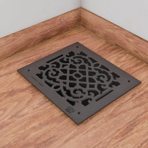 Victorian Style Ornate Air Grille For 12 By 14 Opening Heavy Duty Cast Aluminum Walkable Floor Vent Cover in black finish