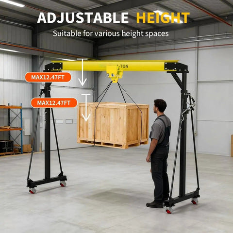 Beefy 2 Ton Gantry Crane With 8-12 Ft Adjustable Height And 8.53 Ft Wide I-Beam lifting crate in warehouse