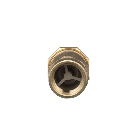 Front view of brass 1 in female union inlet x 1 in female outlet dual check valve; gray internal mechanism visible