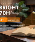 2 Pack Rechargeable Clip On Book Light With 10 LEDs illuminating open book, highlighting 3 color temperatures and brightness levels.