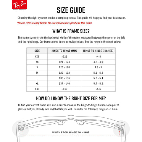 Ray-Ban size guide chart with hinge-to-hinge measurements for selecting the correct eyewear frame size.