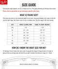 Size guide for choosing correct RB4466D shield sunglasses fit, includes hinge to hinge measurements in mm and inches.