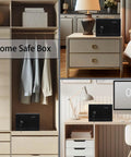 Small Steel Safe Box With Key Lock For Home Office Cash And Jewelry Storage displayed in bedroom and office settings