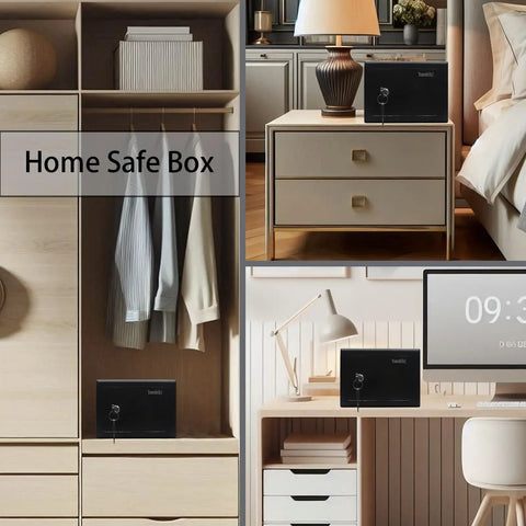 Small Steel Safe Box With Key Lock For Home Office Cash And Jewelry Storage displayed in bedroom and office settings