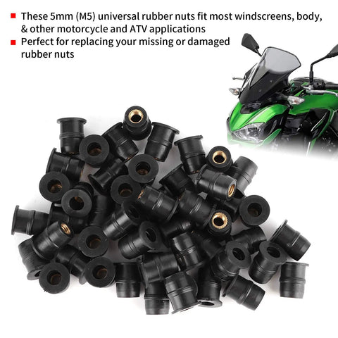 Super Tough M5 Rubber Nuts For Motorcycle And Atv Windscreen Fairing Fasteners, black rubber fasteners with brass insert, durable grommets.