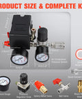Pressure Switch Kit For Air Compressors With Four Port Gauge Auto On At Ninety Five PSI And Auto Off At One Hundred Twenty Five PSI Easy Read Gauge Quick Install One Quarter Inch NPT Thread Ideal For Home Shop DIYers, showing components and dimensions.