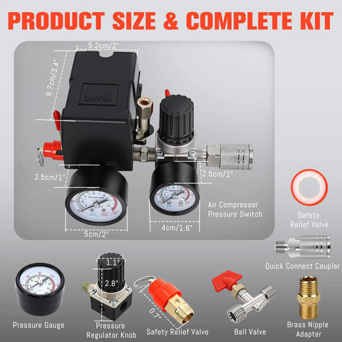 Pressure Switch Kit For Air Compressors With Four Port Gauge Auto On At Ninety Five PSI And Auto Off At One Hundred Twenty Five PSI Easy Read Gauge Quick Install One Quarter Inch NPT Thread Ideal For Home Shop DIYers, showing components and dimensions.