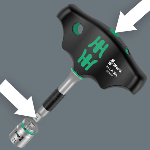 T-Handle Ratcheting Screwdriver Adapter with One Quarter Inch Drive, 45 mm Length, Fine-Tooth Ratchet and Reversing Lever