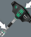 Top view of Kraftform Kompakt 400 RA 9 Piece T Handle Ratchet Screwdriver Set 2 with nut adapters and ergonomic grip