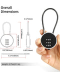 Resettable 3 Digit Combination Lock For Luggage And Gear No Keys Needed Compact Five Inch Steel Cable Padlock in hand with dimensions.