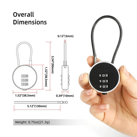Resettable 3 Digit Combination Lock For Luggage And Gear No Keys Needed Compact Five Inch Steel Cable Padlock in hand with dimensions.