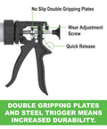 Heavy Duty 20 Oz Sausage Caulking Gun With 18 To 1 Drive Pro Grade Aluminum Barrel showing no slip double gripping plates.