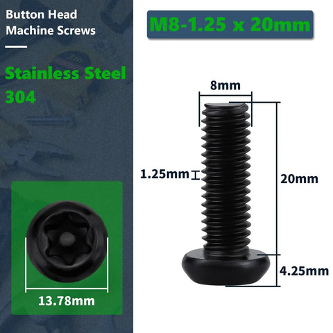 Heavy Duty M8 Security Screws With Sleek Black Oxide Coating And Rock Solid 304 Stainless Steel For Auto Builds And Outdoor Projects Includes 20 Anti Theft Bolts With Zero Hassle Socket Drive, showcasing a detailed view with dimensions.
