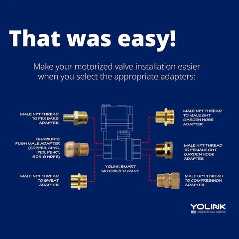 Diagram showing adapters for Brass 1 Inch Motorized Valve Kit With Two Wireless Controllers LoRa Long Range D2D Offline Operation.