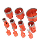 Jiawu 11 Piece M14 Hole Saw Kit For Ceramic Tile Marble Granite Cutting With Hex Shank Adapter Including Cooling Wax Saw Blades In 68 50 45 35 28 25 20 12 10 8 And 6mm Sizes Perfect For Pro Contractors And Serious DIYers Looking To Slice Through Hard, red diamond hole saw kit on white background