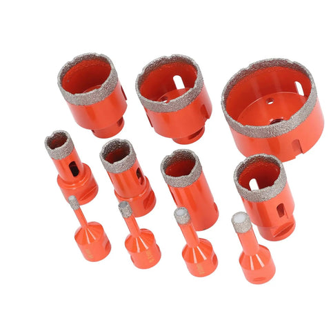 Jiawu 11 Piece M14 Hole Saw Kit For Ceramic Tile Marble Granite Cutting With Hex Shank Adapter Including Cooling Wax Saw Blades In 68 50 45 35 28 25 20 12 10 8 And 6mm Sizes Perfect For Pro Contractors And Serious DIYers Looking To Slice Through Hard, red diamond hole saw kit on white background