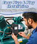 Man installing Air Compressor Pressure Switch 135 To 175 PSI 4 Port 20 Amp With 0 To 200 PSI Gauge And 200 PSI Safety Relief Valve