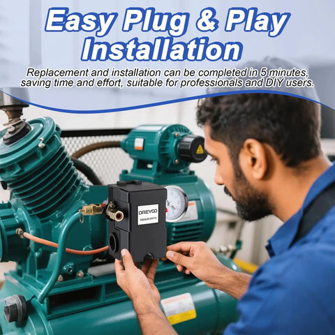 Man installing Air Compressor Pressure Switch 135 To 175 PSI 4 Port 20 Amp With 0 To 200 PSI Gauge And 200 PSI Safety Relief Valve