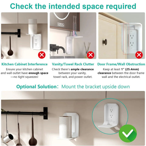 Instructional guide for mounting Outlet Shelf Wall Organizer For Bathrooms And Smart Homes, showing space requirements and installation tips.
