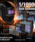 Auto Darkening Welding Helmet With True Color Wide View Screen Solar Battery Powered Two Arc Sensors Zero Point One Millisecond Response Time Shade Nine To Thirteen For SMAW MIG TIG And Grinding Workhorse Pro Gear illustrating lens technology.
