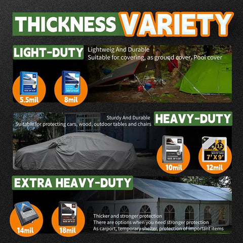 Thickness options for tarps including light-duty, heavy-duty, and extra heavy-duty for various outdoor uses and protections.