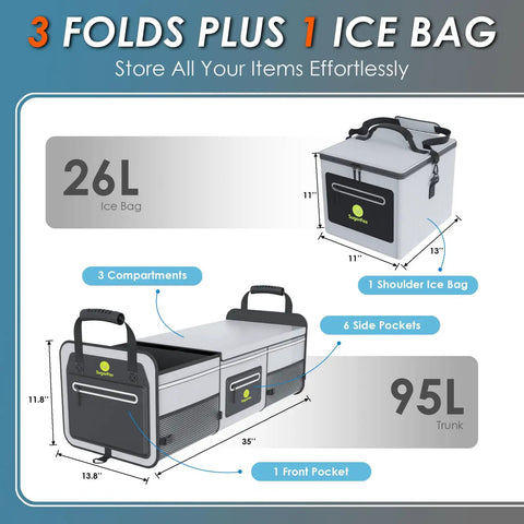 95L Car Trunk Organizer With 26L Ice Pack, Waterproof Foldable Storage for SUVs and Cars, diagram showing compartments and dimensions.