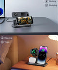 Three In One Wireless Charging Station For iPhone Apple Watch And AirPods Charges Three Devices At Once With A Qi Pad And Stand on desk and nightstand