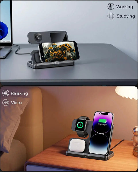 Three In One Wireless Charging Station For iPhone Apple Watch And AirPods Charges Three Devices At Once With A Qi Pad And Stand on desk and nightstand