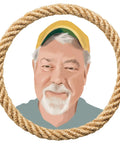Illustration of a man in a cap framed by a rope border