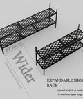 Expandable 45.6 Inch Metal Shoe Rack Organizer 2 Tier Stackable Boot Shelf That Holds Up To 18 Pairs, shown extended and stacked.