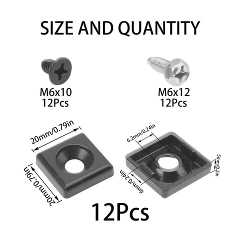 End Caps For 2020 Series European Standard Aluminum Profiles, Zinc Alloy, 12 Pack, Black, T-Slot Profile Accessories, Includes 24 M6 Triangle Screws With 12 Taps And 12 Mounting Screws, Easy Install And Durable Build. Size chart with M6x10 and M6x12 screws, 12 pcs