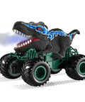 Epic 2.4GHz RC Dinosaur Car With Light Sound And Sprayer Indoor Outdoor Kids Toy featuring black wheels and blue patterns