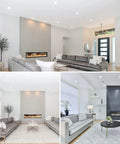 Modern living room with grey sofas, recessed lighting, and a built-in linear fireplace, creating an inviting ambiance.