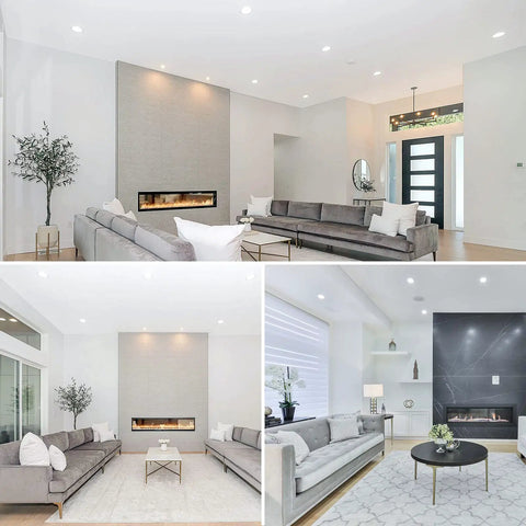 Modern living room with grey sofas, recessed lighting, and a built-in linear fireplace, creating an inviting ambiance.